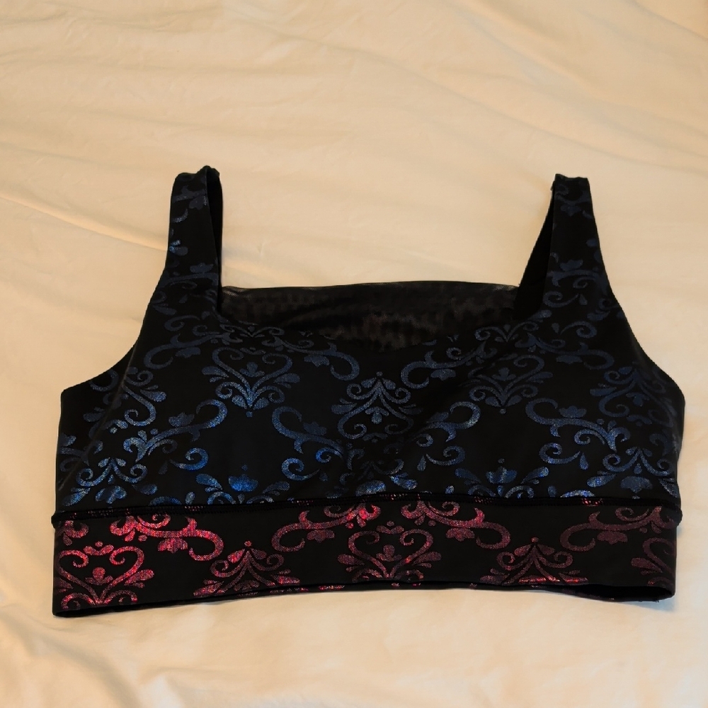 Crowned Athletics "Anna" Inspired Sports Bra in Black with Blue and Pink Accents